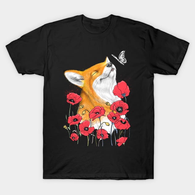 Fox in poppies T-Shirt by NikKor